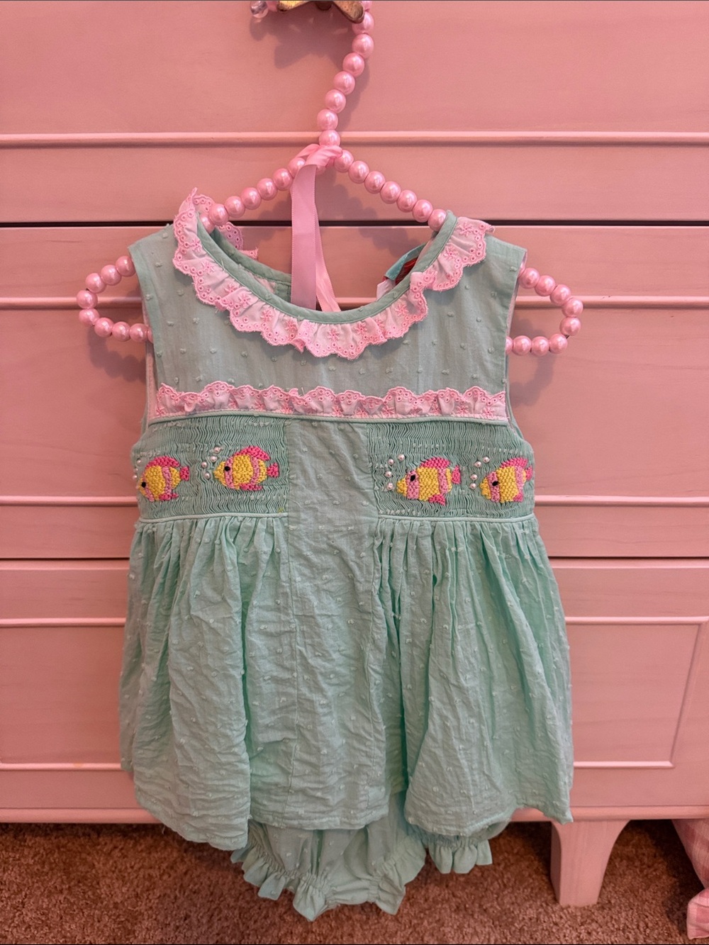 Girls Mint Pink Ruffle Smocked Fish Bubble